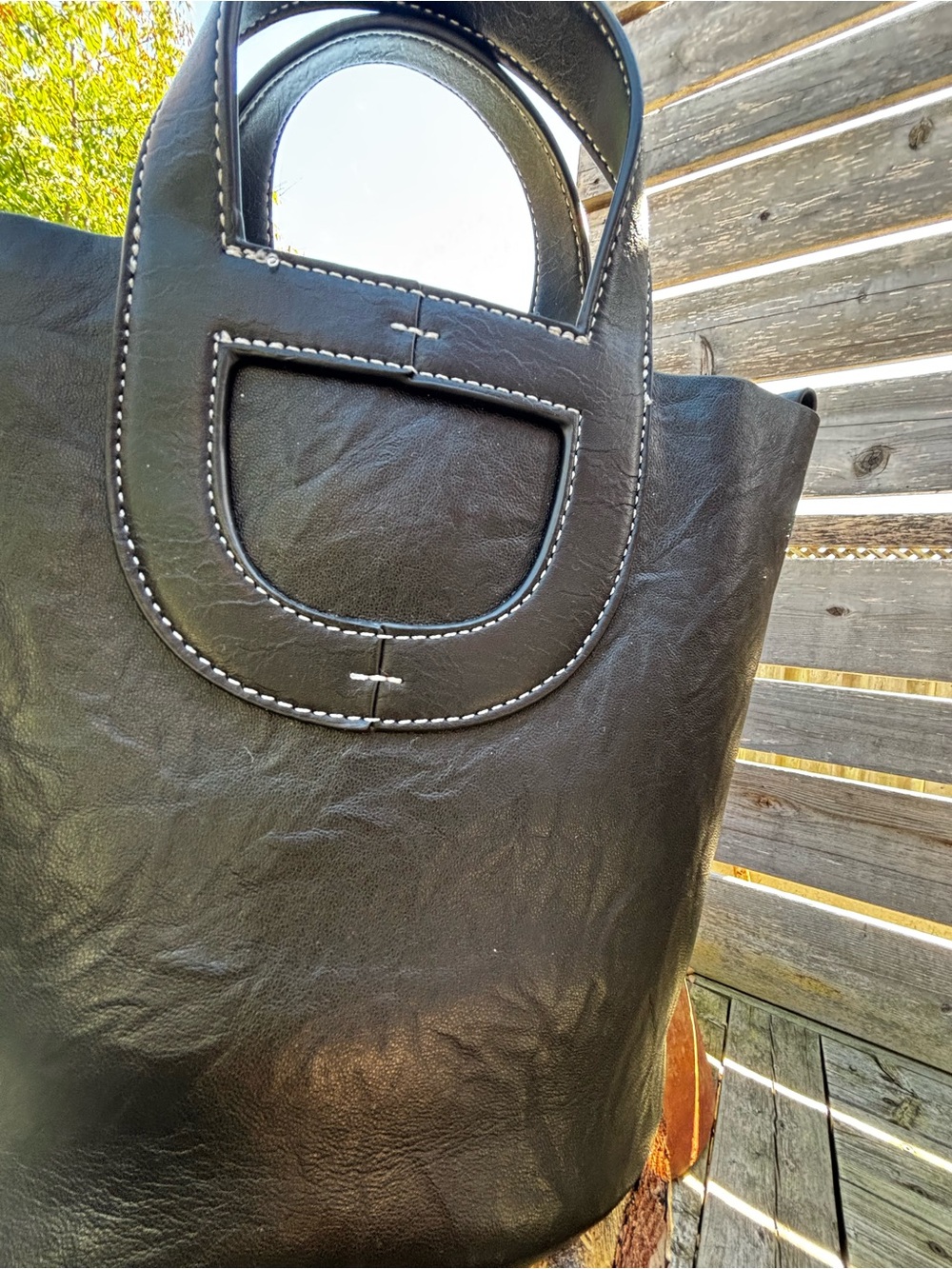 Black Vegan Leather Tote Bag with Contrast Stitching - Picture 9 of 9